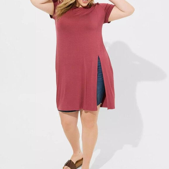 Torrid Tunic Top 1X - Maroon Split Front Super Soft Crew Long Shirt Tee Plus NWT - Picture 3 of 5